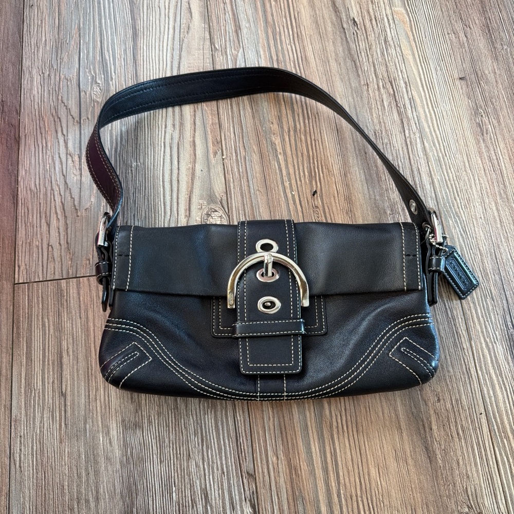 Coach Black Leather Shoulder Bag with Silver Buckle